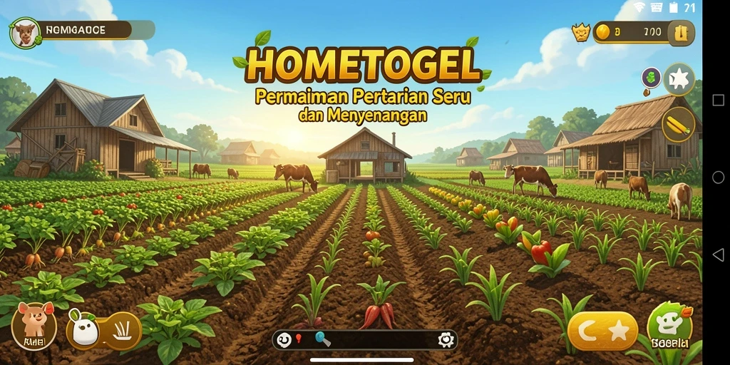 Tampilan gameplay menarik dari HOMETOGEL yang menunjukkan aktivitas bertani.