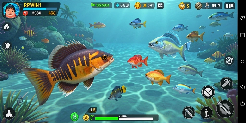 Tampilan gameplay seru dalam RPWIN1 saat menembak ikan.