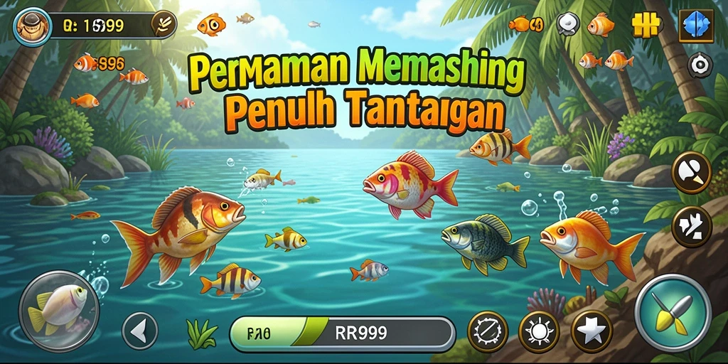 Tampilan gameplay RR999 yang menarik dengan berbagai ikan dan lokasi memancing.