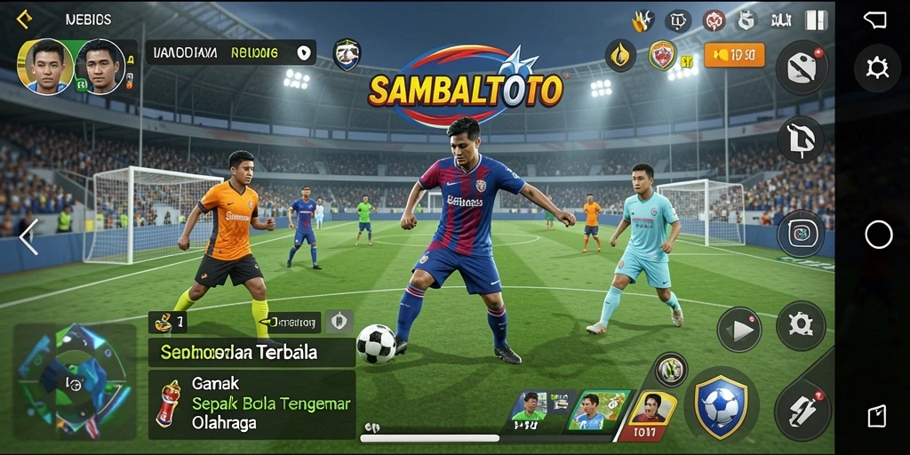 Tangkapan layar gameplay dari SAMBALTOTO yang penuh aksi di lapangan sepak bola.