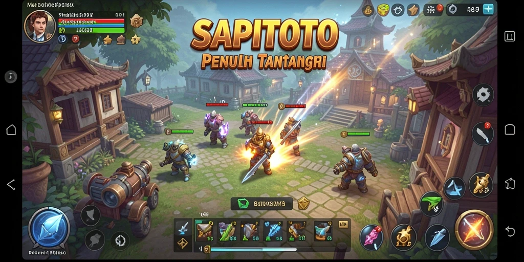 Screenshot gameplay SAPITOTO menampilkan pertempuran epik dan pembangunan kerajaan.