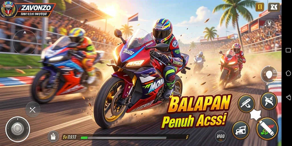 Tampilan gameplay ZAVONZO dengan balapan motor yang intens dan mendebarkan.